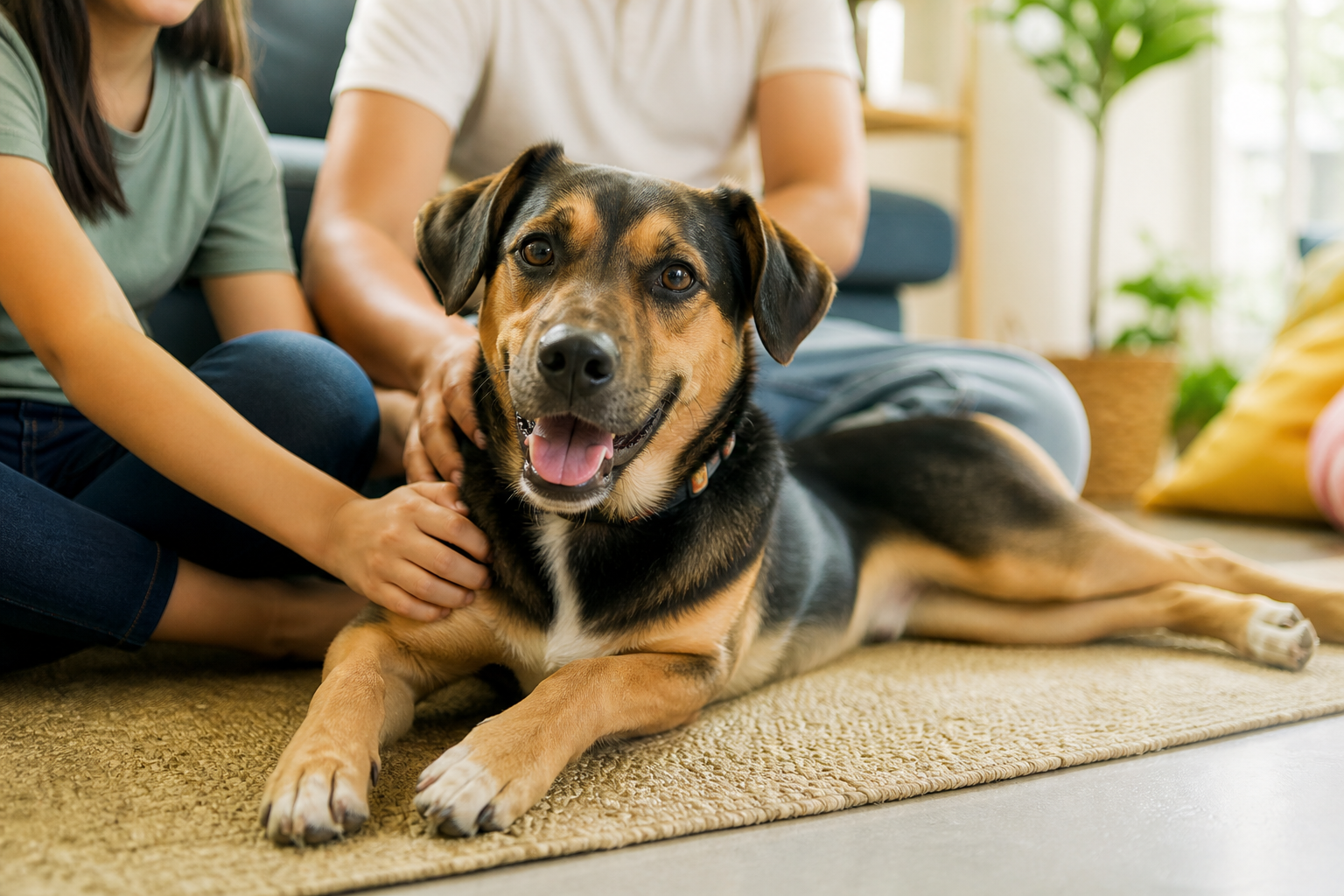 Perro adoptado descansando feliz con una familia en casa